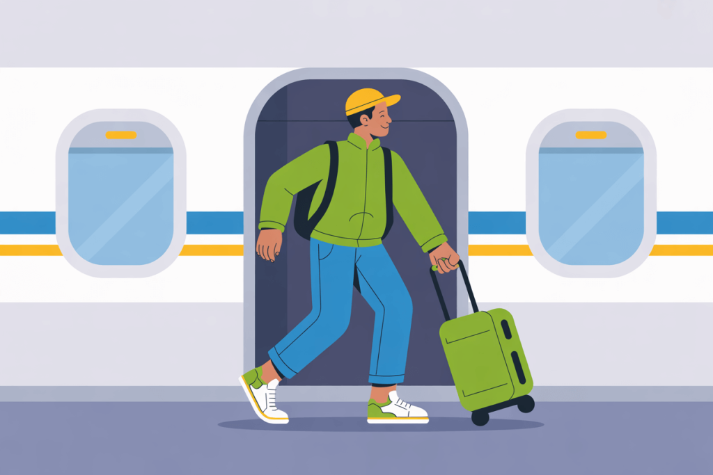 Homme sortant de l avion heureux pressotherapie